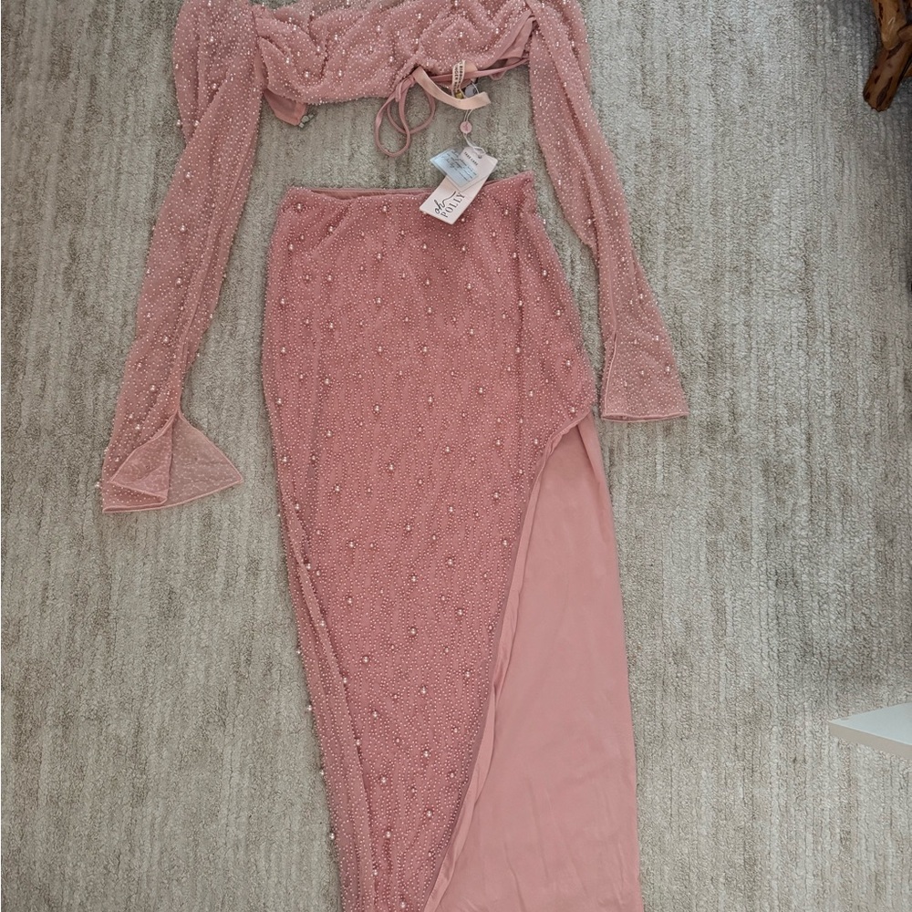 Pink Beaded Two-Piece Skirt Set